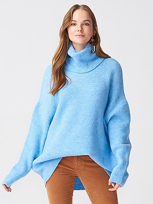 2268 Balıkçı Yaka Oversize Kazak-Mavi | KAZAK | DILVIN