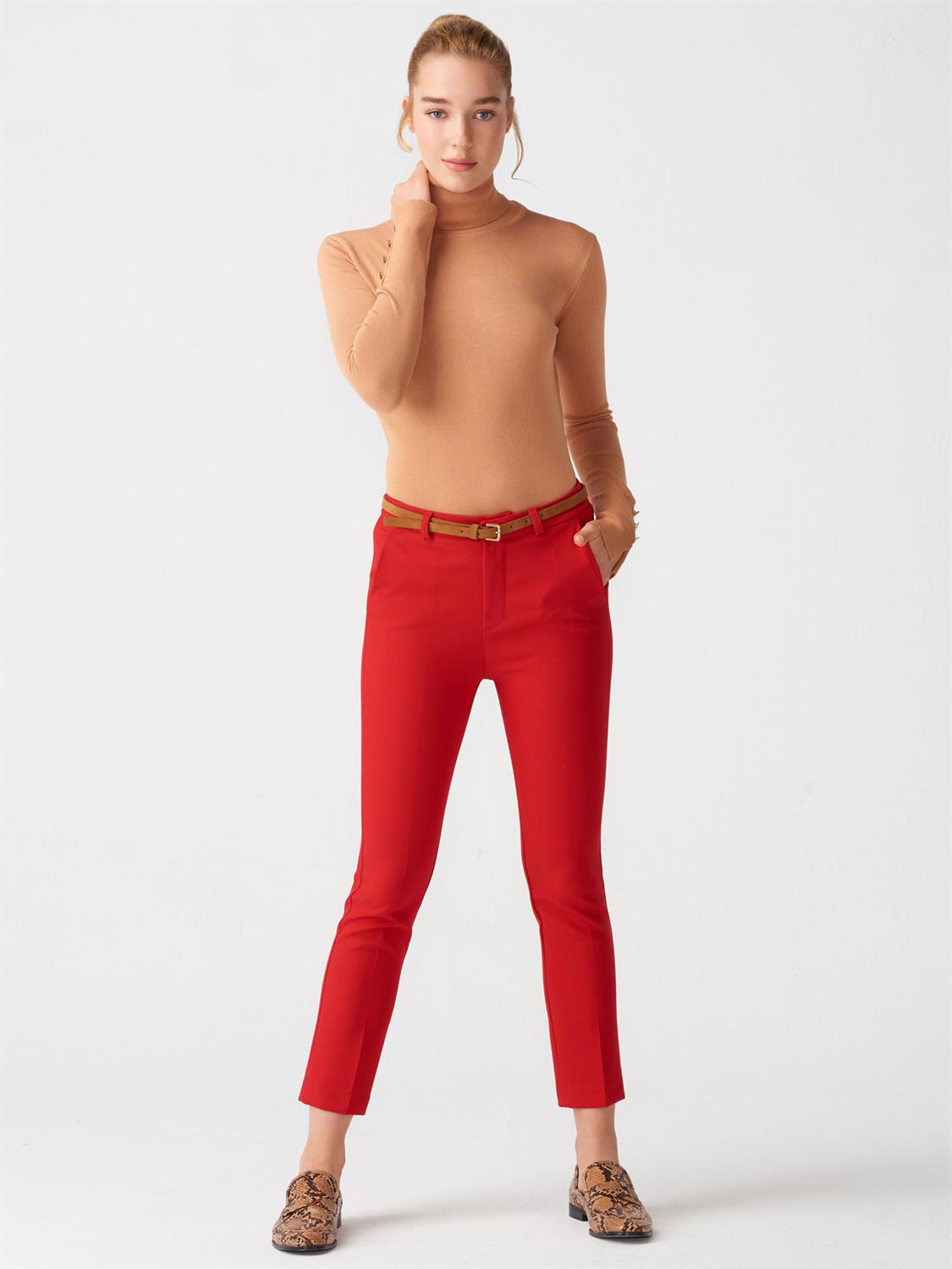 7325 Kemerli Klasik Pantolon-Kırmızı