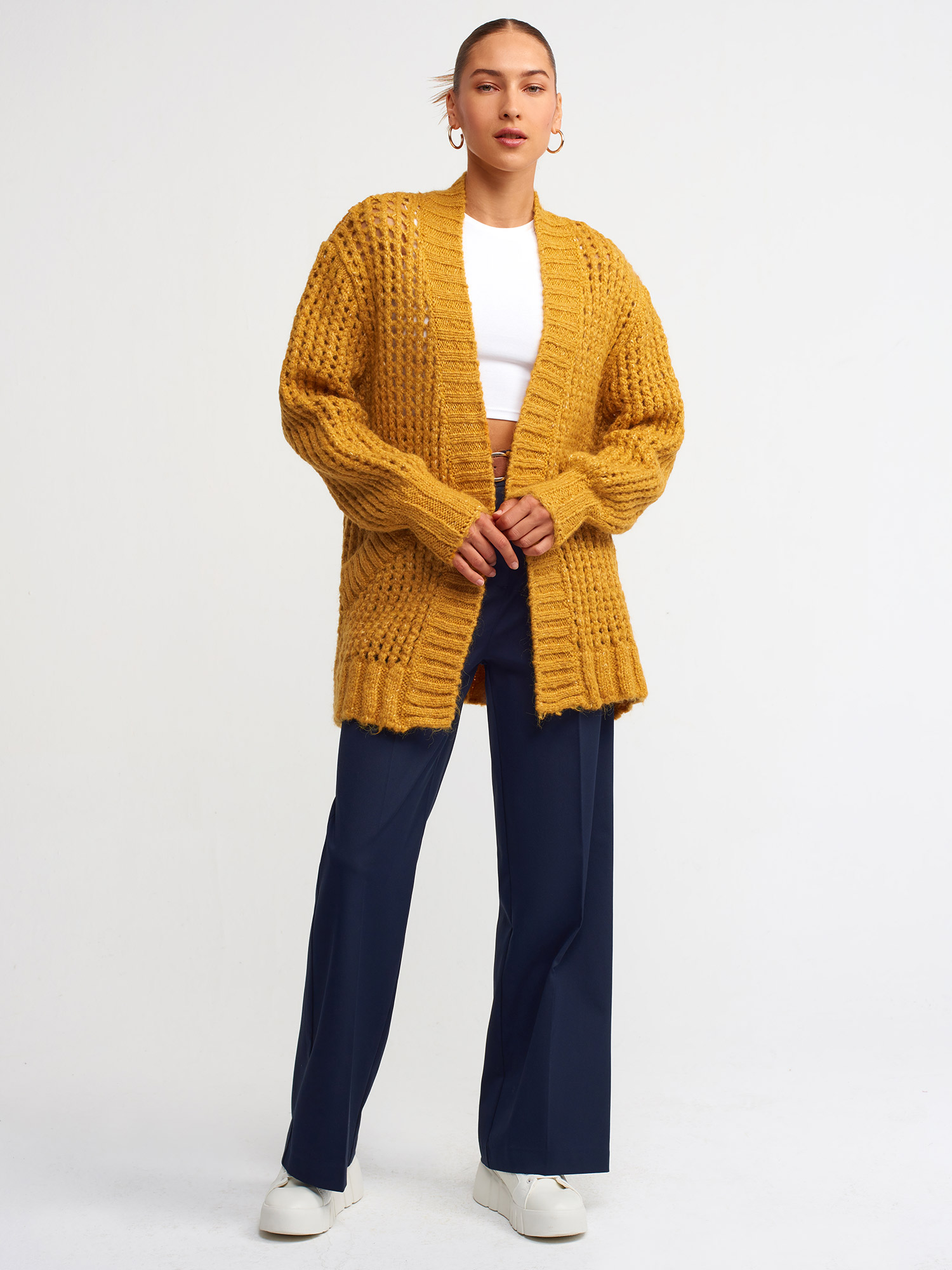 60165 Ajur Desen Triko Hırka-Hardal | HIRKA | Dilvin