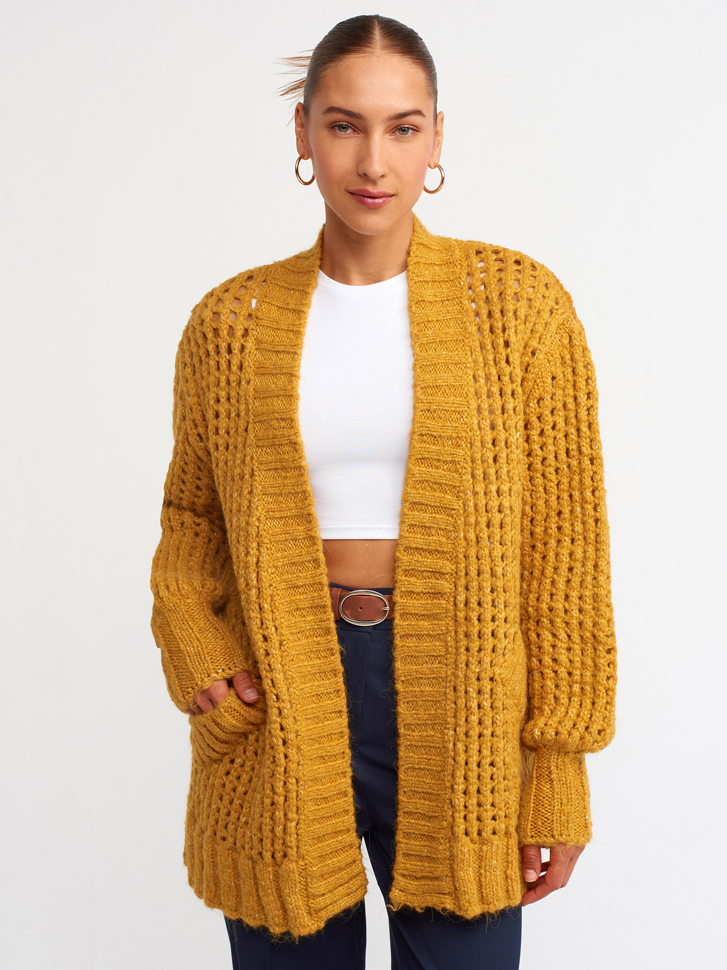 60165 Ajur Desen Triko Hırka-Hardal | HIRKA | Dilvin