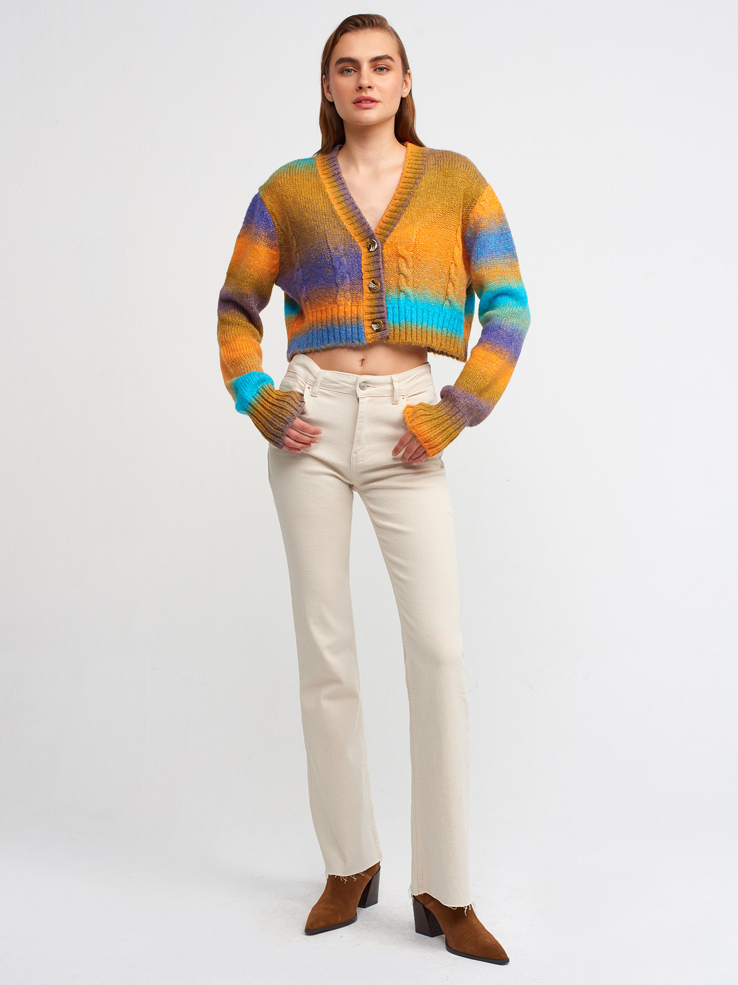 60161 Renkli Crop Triko Hırka-Hardal | KAZAK | Dilvin