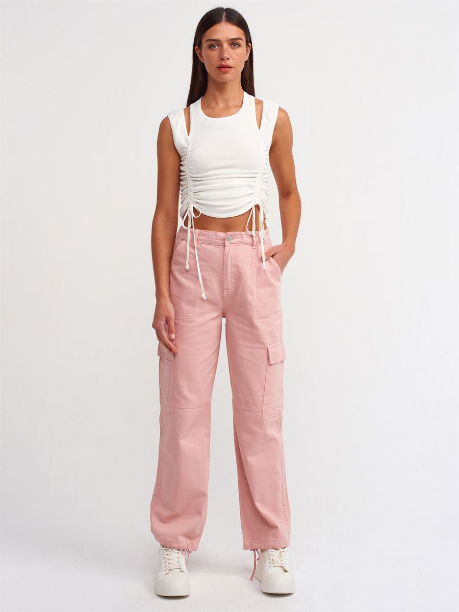 70869 Paçası Kaytanlı Kargo Denim Pantolon-Pembe | JEAN PANTOLON