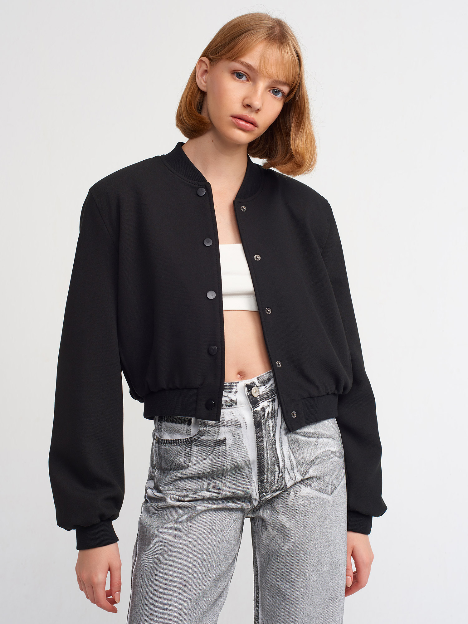 60712 Crop Bomber Ceket-Siyah | CEKET | Dilvin