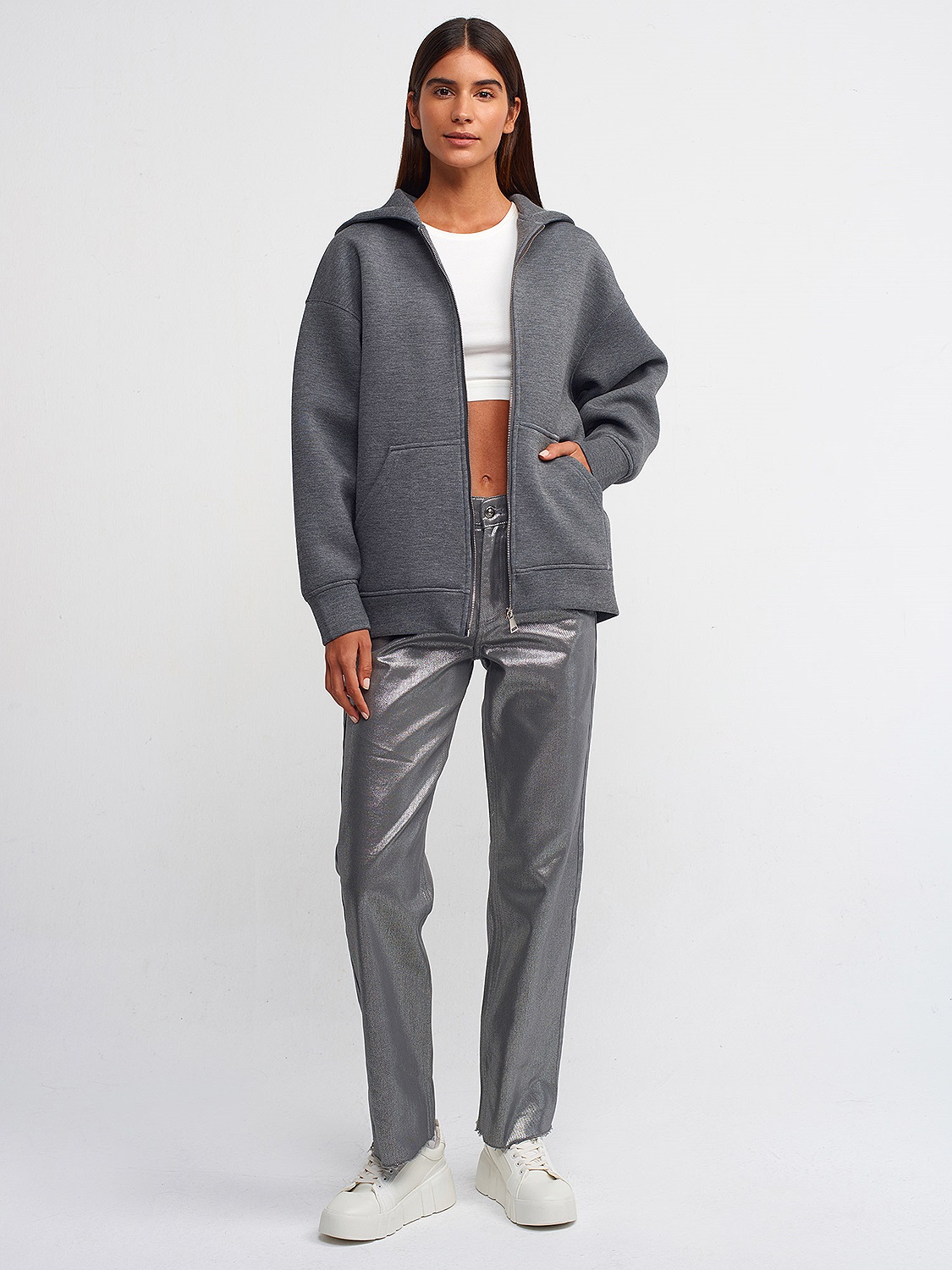 40164 Fermuar Detaylı Oversize Hırka-Antrasit M | SWEATSHİRT | Dilvin