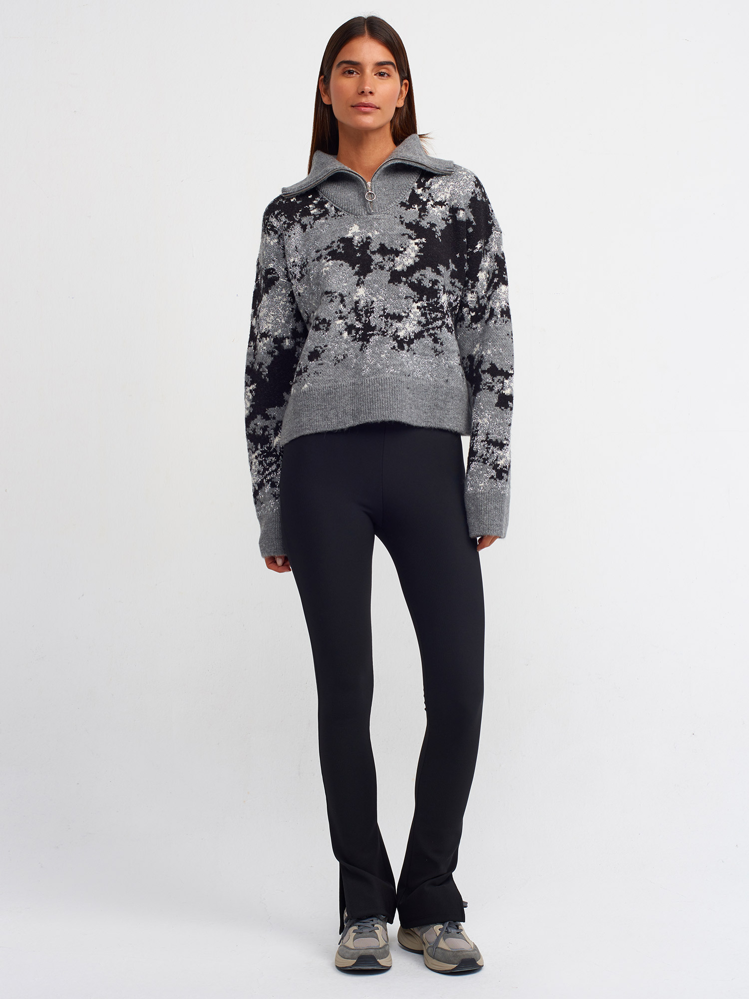 10467 Fermuarlı Kamyoner Yaka Simli Kazak-Orta Gri