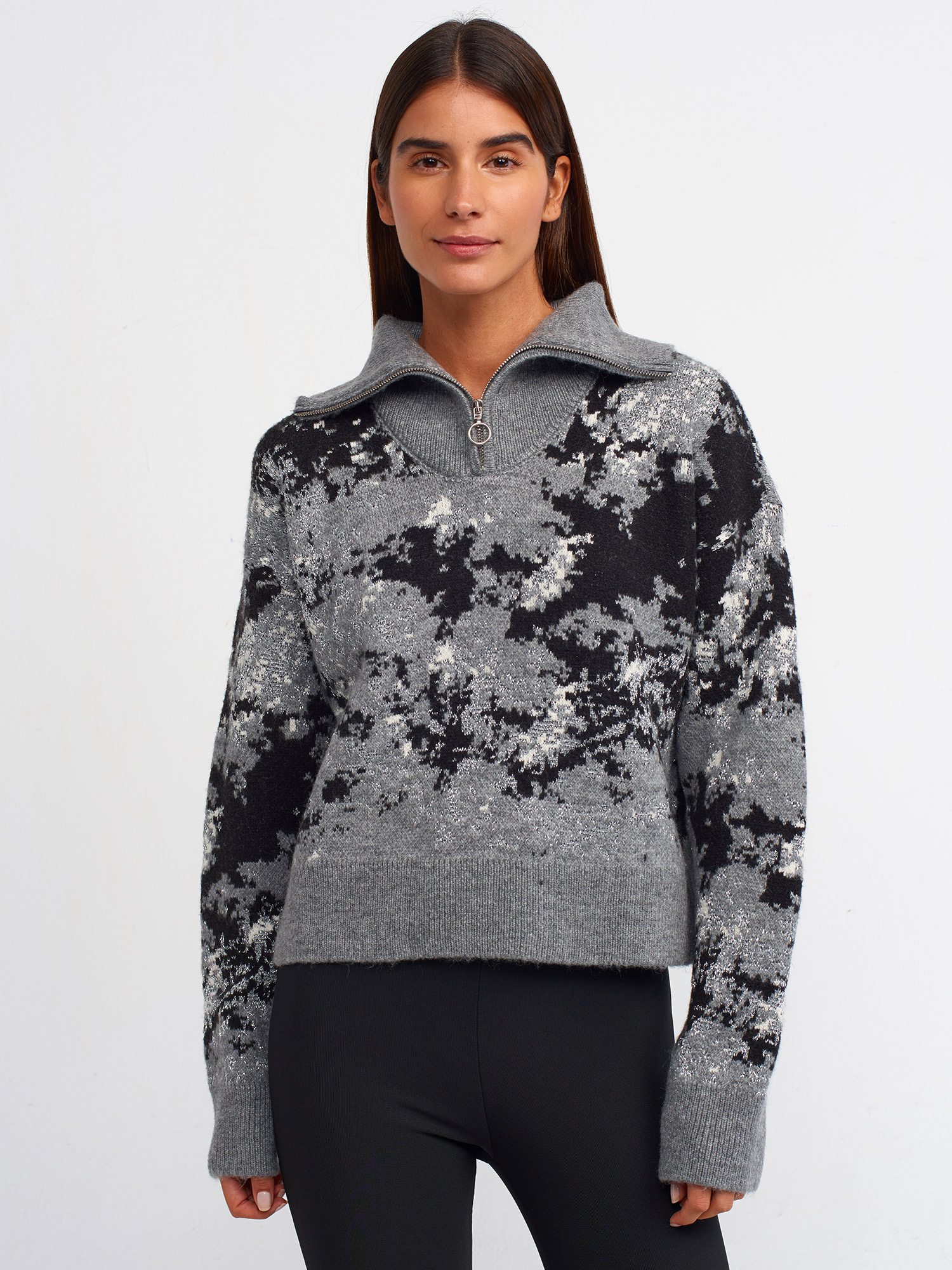 10467 Fermuarlı Kamyoner Yaka Simli Kazak-Orta Gri