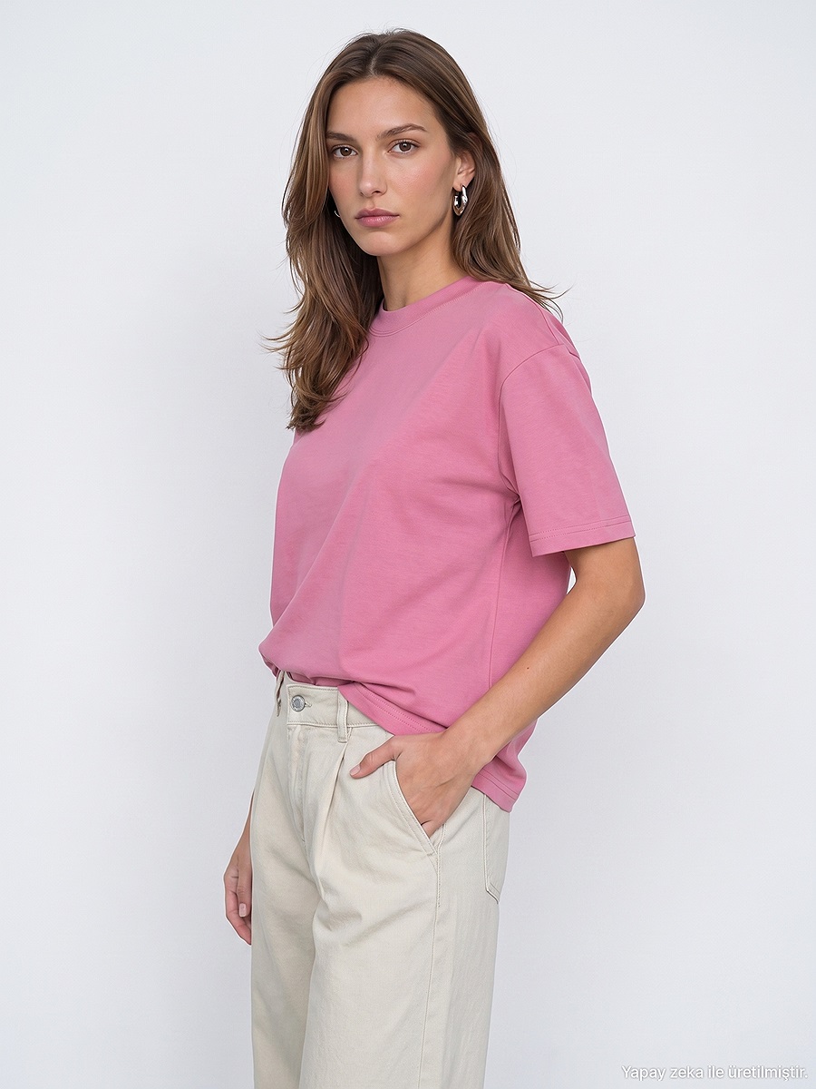 30312 %100 Pamuk Bisiklet Yaka T-Shirt-Pembe