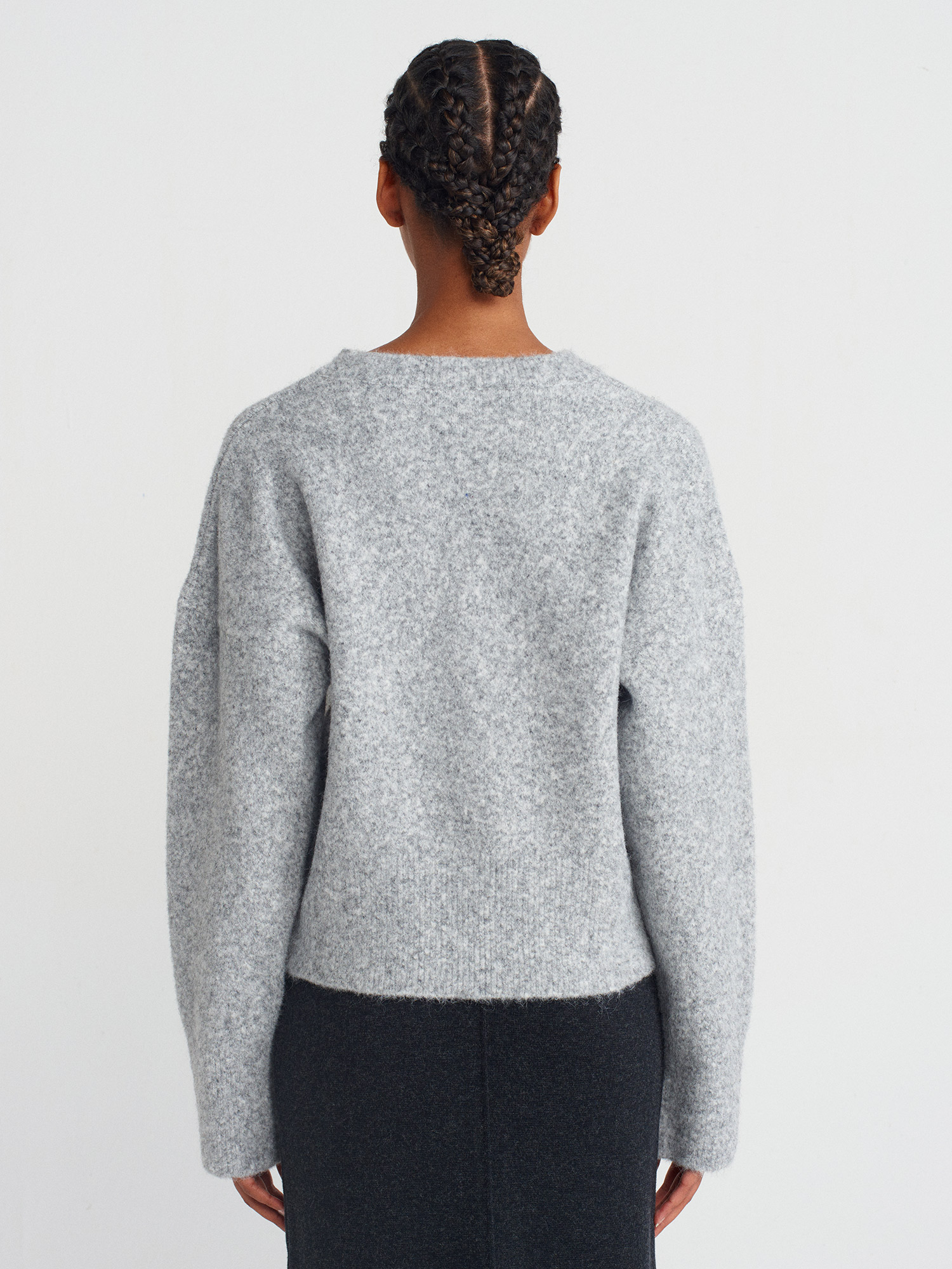 10645 V Yaka Yün Karışımlı Triko Kazak-Orta Gri