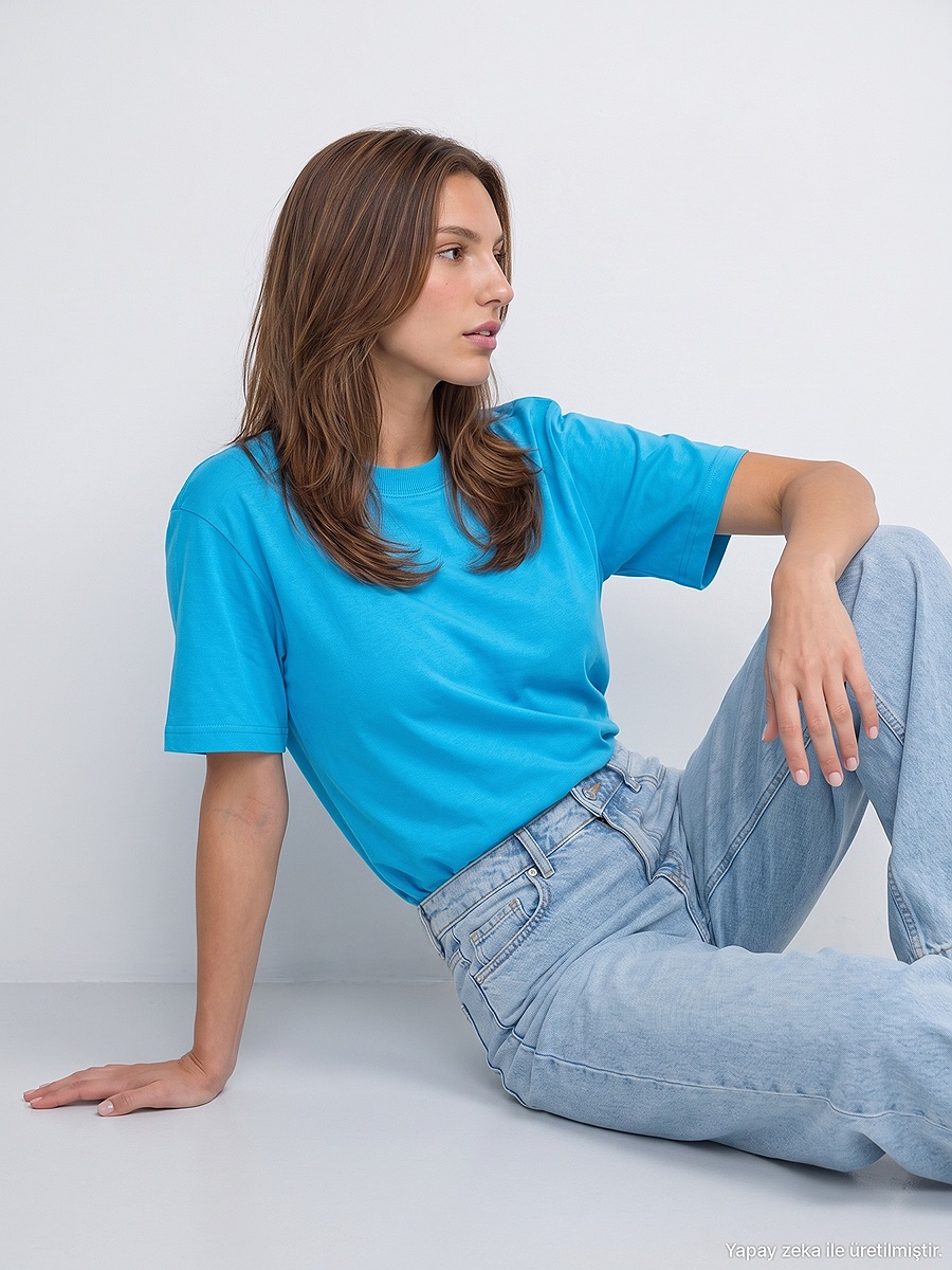 30312 %100 Pamuk Bisiklet Yaka T-Shirt-Turkuaz