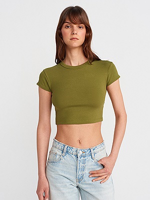 31810 Bisiklet Yaka Crop T-shirt-Yağ Yeşil | TİŞÖRT | Dilvin