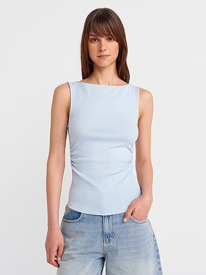 31589 Büzgülü Kayık Yaka Top-Siyah | BLUZ | Dilvin