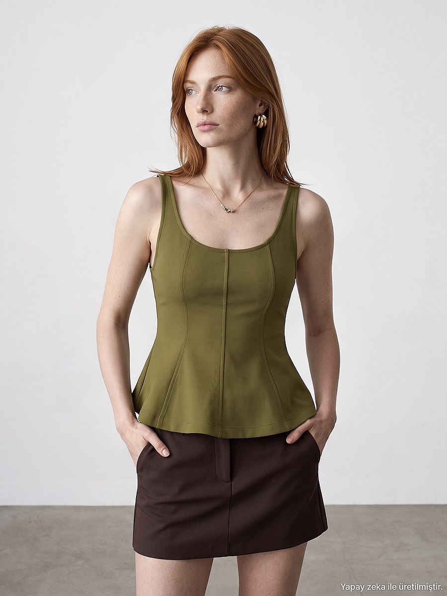 21063 Kalın Askılı Peplum Top-Yağ Yeşil