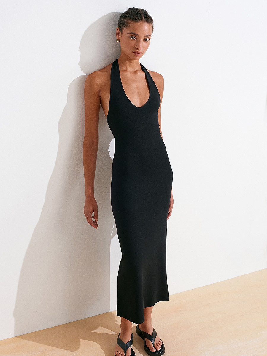 91476 Halter Yaka Midi Elbise-Siyah