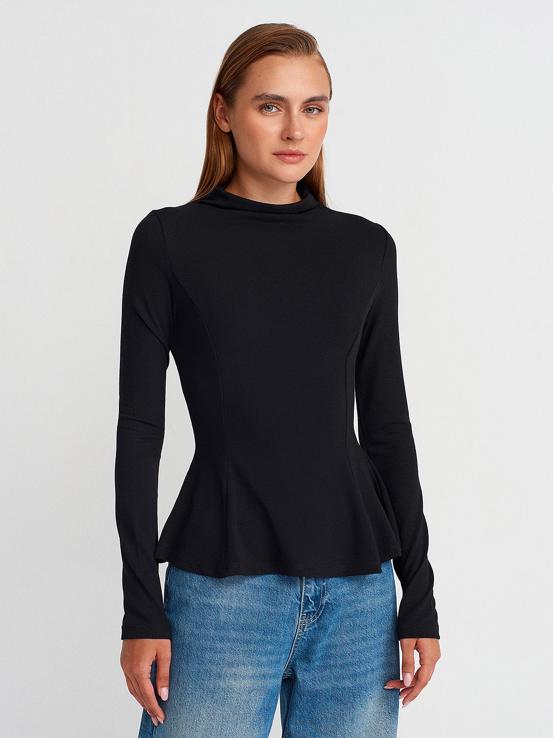 32038 Uzun Kollu Peplum Top-Siyah | BLUZ | Dilvin