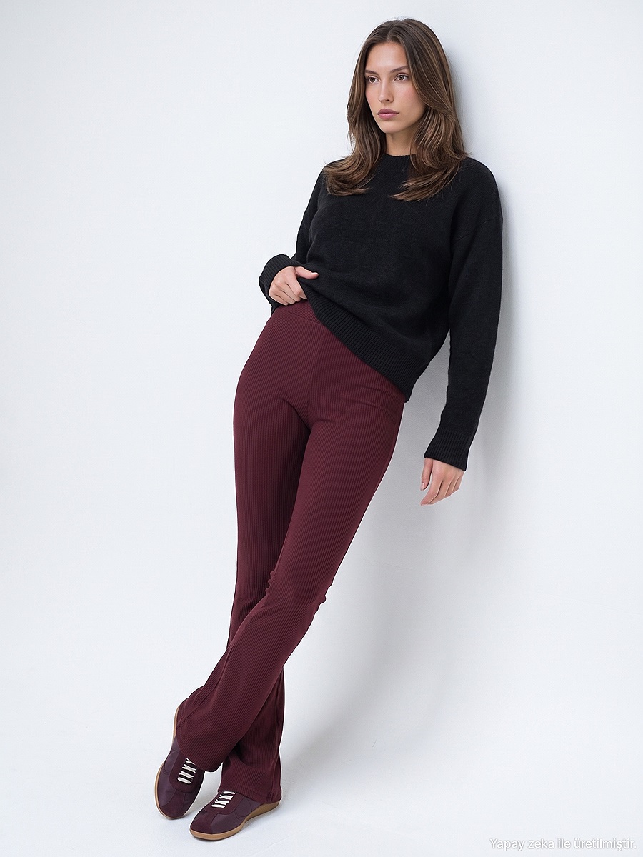 71910 Yüksek Bel Örme Pantolon-Bordo