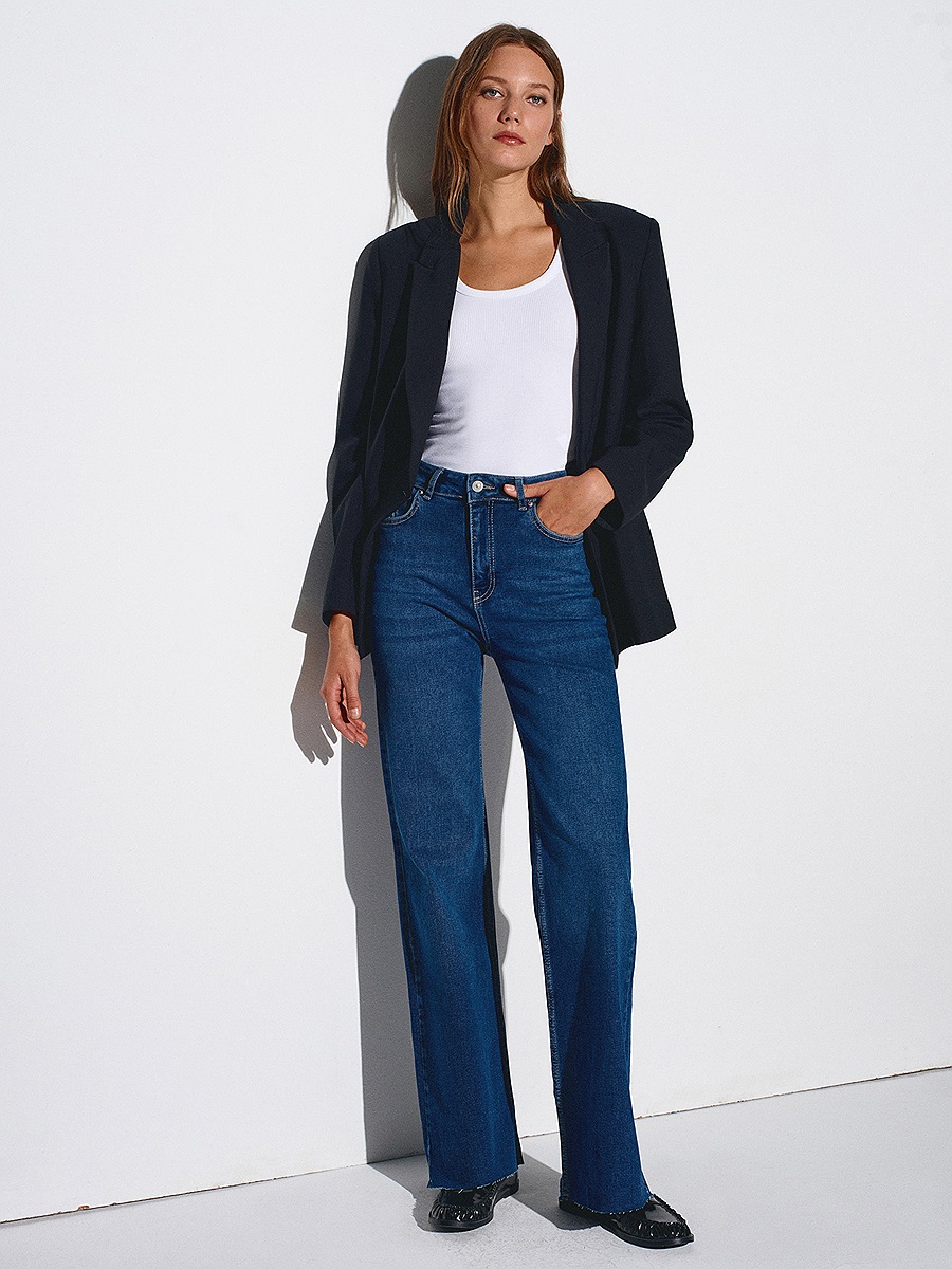 71734 Yüksek Bel Likralı Wide Leg Jean-Koyu Mavi