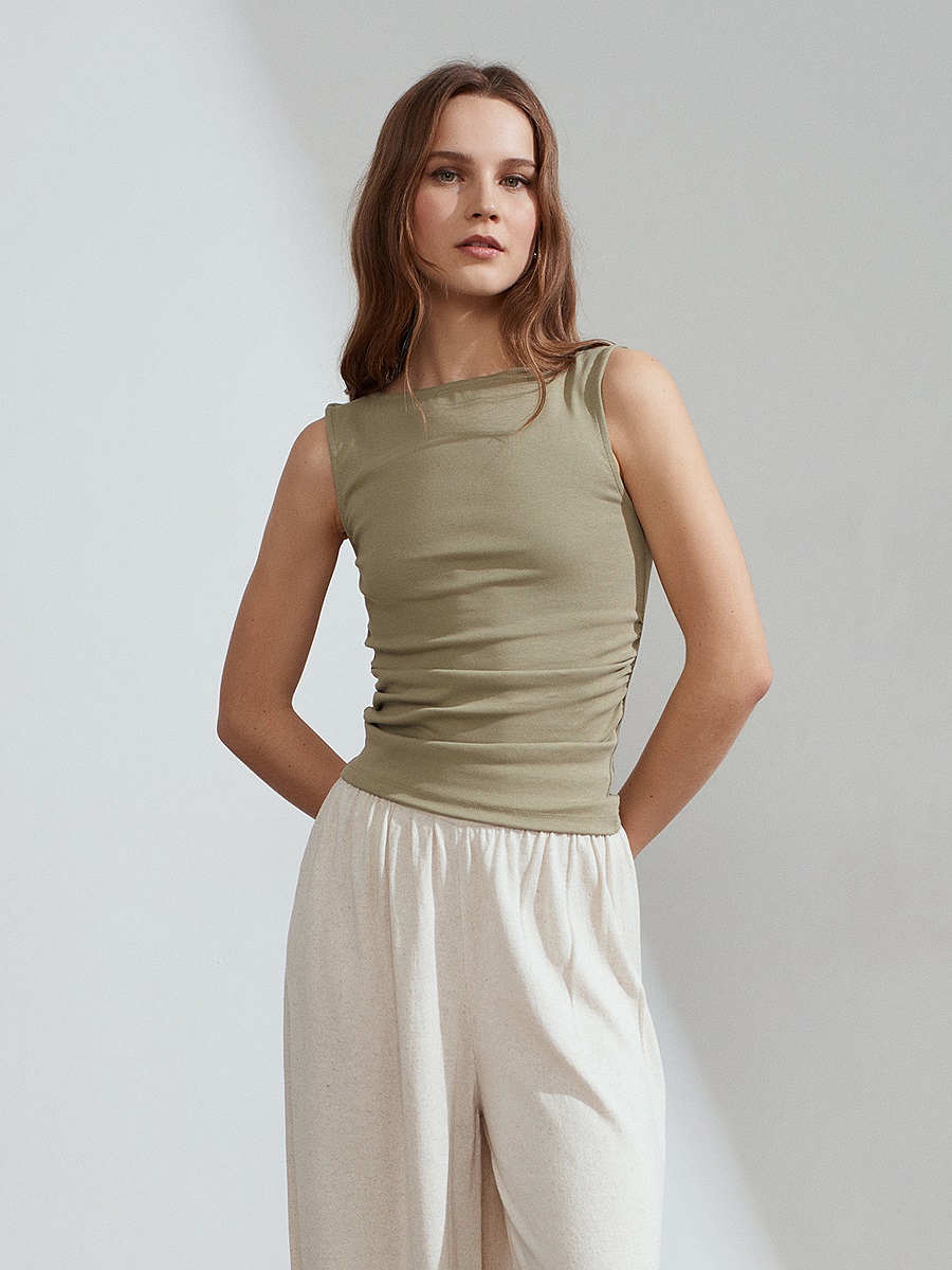 31589 Büzgülü Kayık Yaka Top-Çağla
