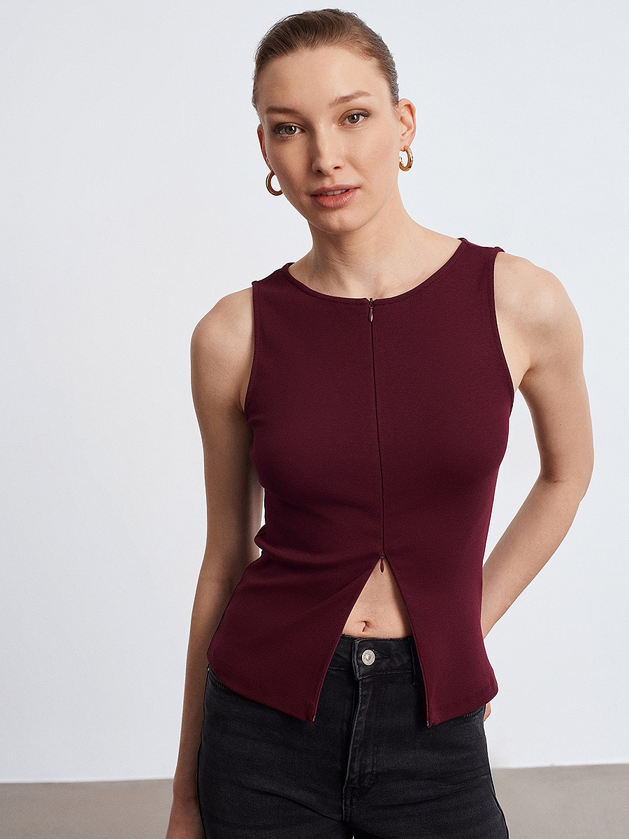 31764 Fermuar Detaylı Top-Bordo