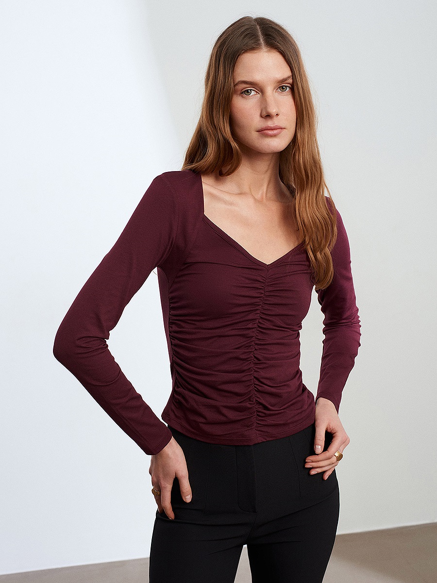 32666 Büzgülü Uzun Kollu Top-Bordo