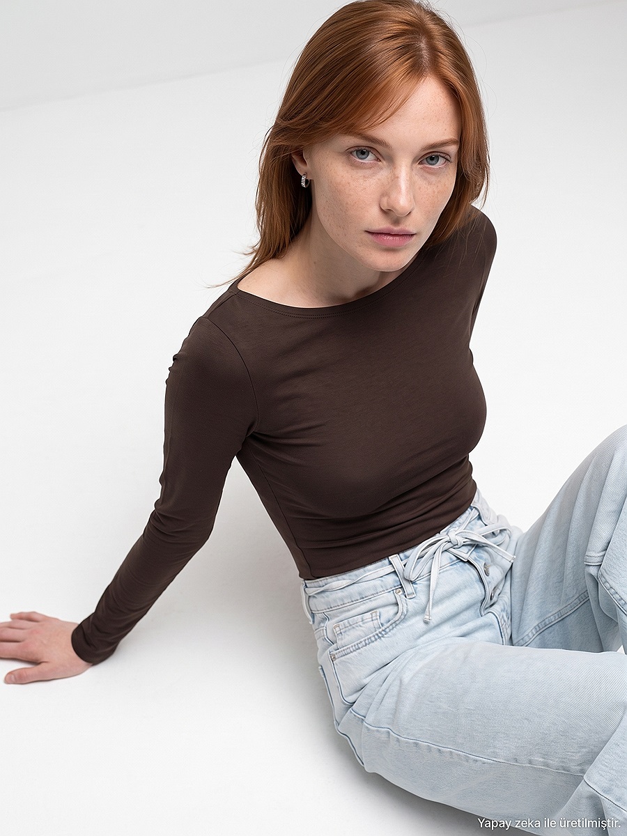 32549 Kayık Yaka Bodysuit-Koyu Kahve