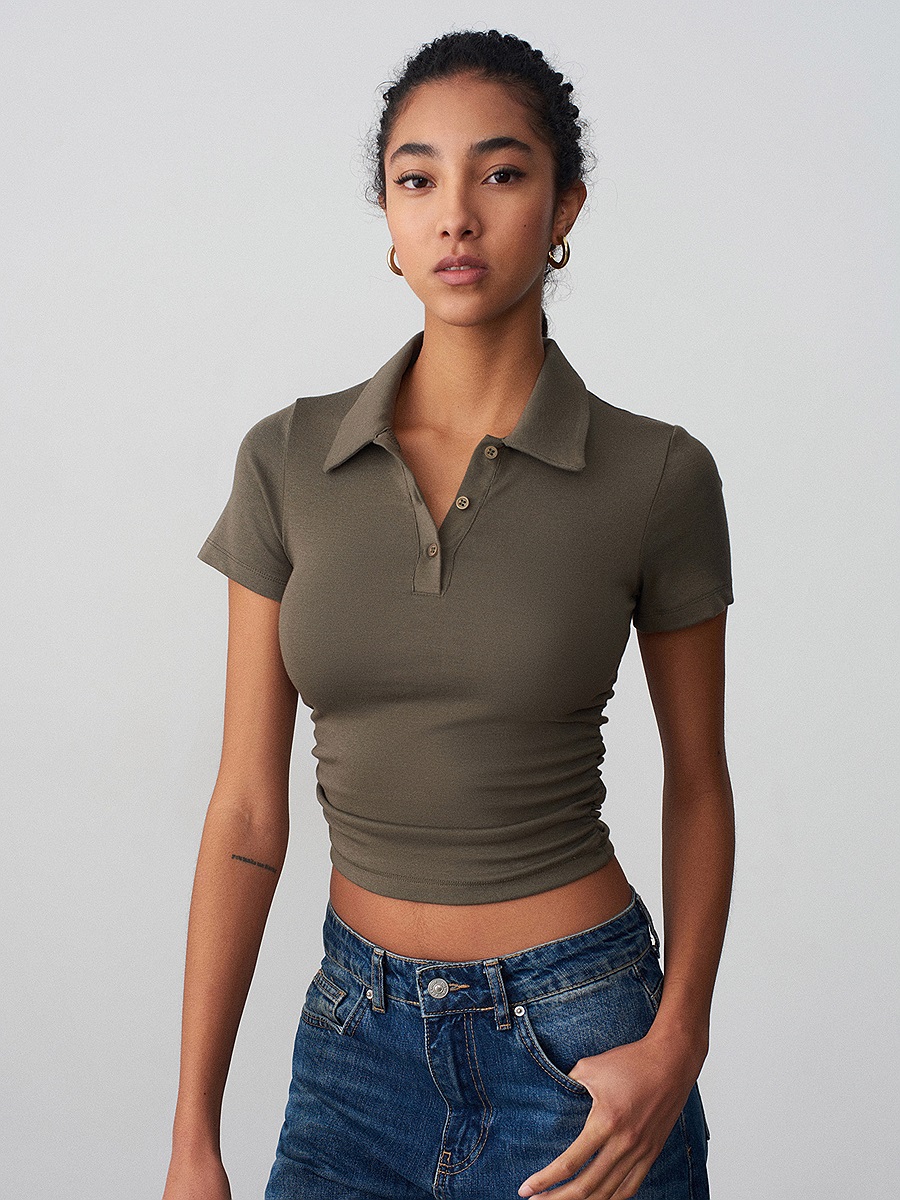 32614 Polo Yaka Top-Haki