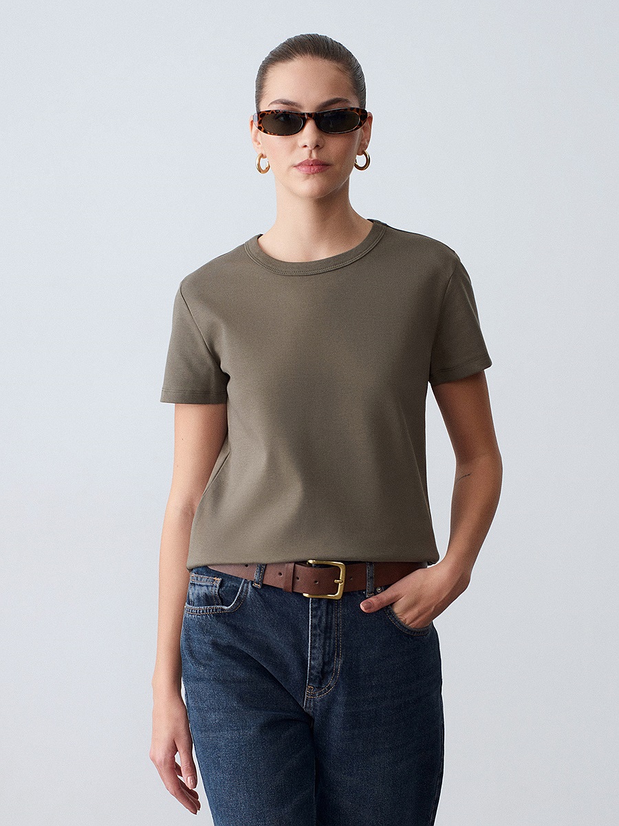 32779 Bisiklet Yaka T-shirt-Haki | TİŞÖRT | Dilvin