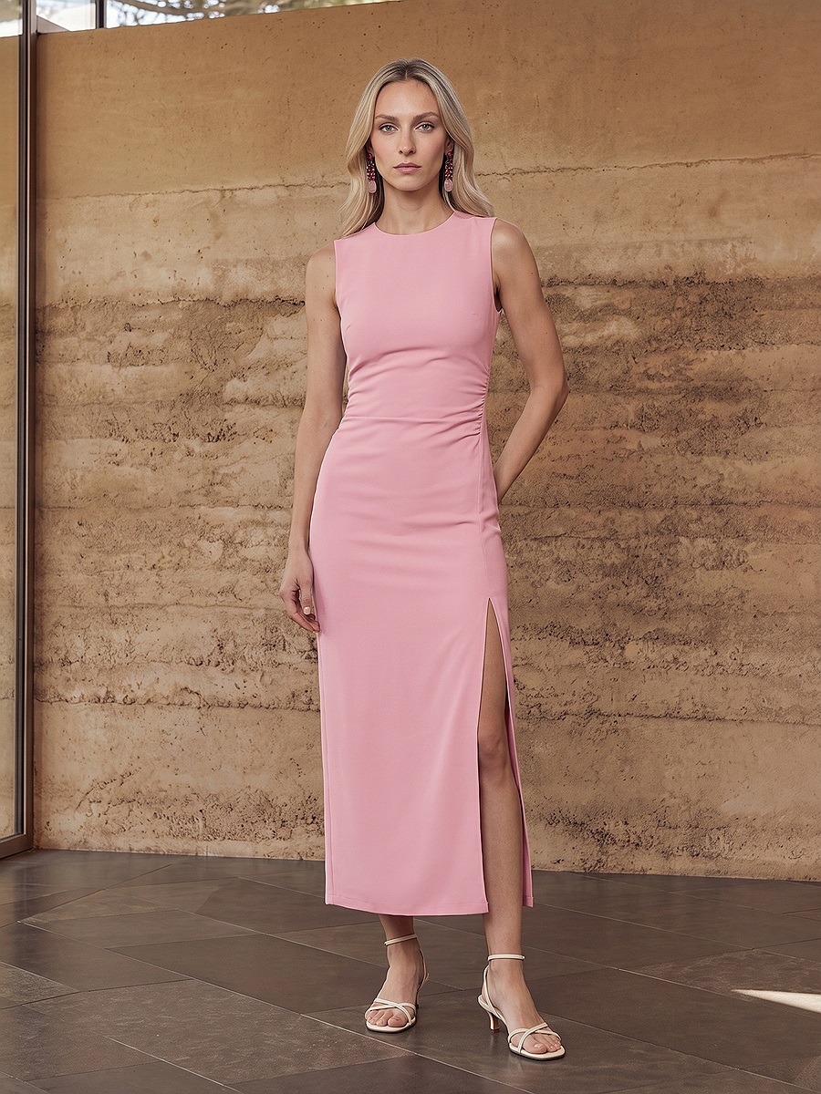 91704 Yırtmaç Detaylı Midi Elbise-Toz Pembe