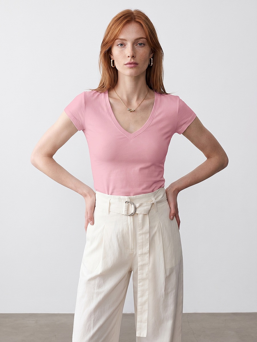 32799 V Yaka Top-Toz Pembe