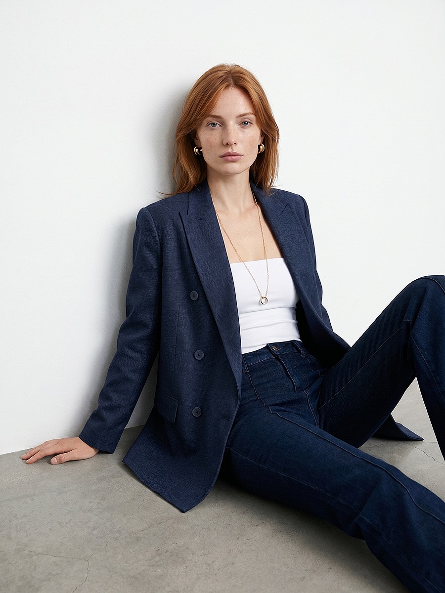 60811 Keten Karışımlı Blazer Ceket-Lacivert
