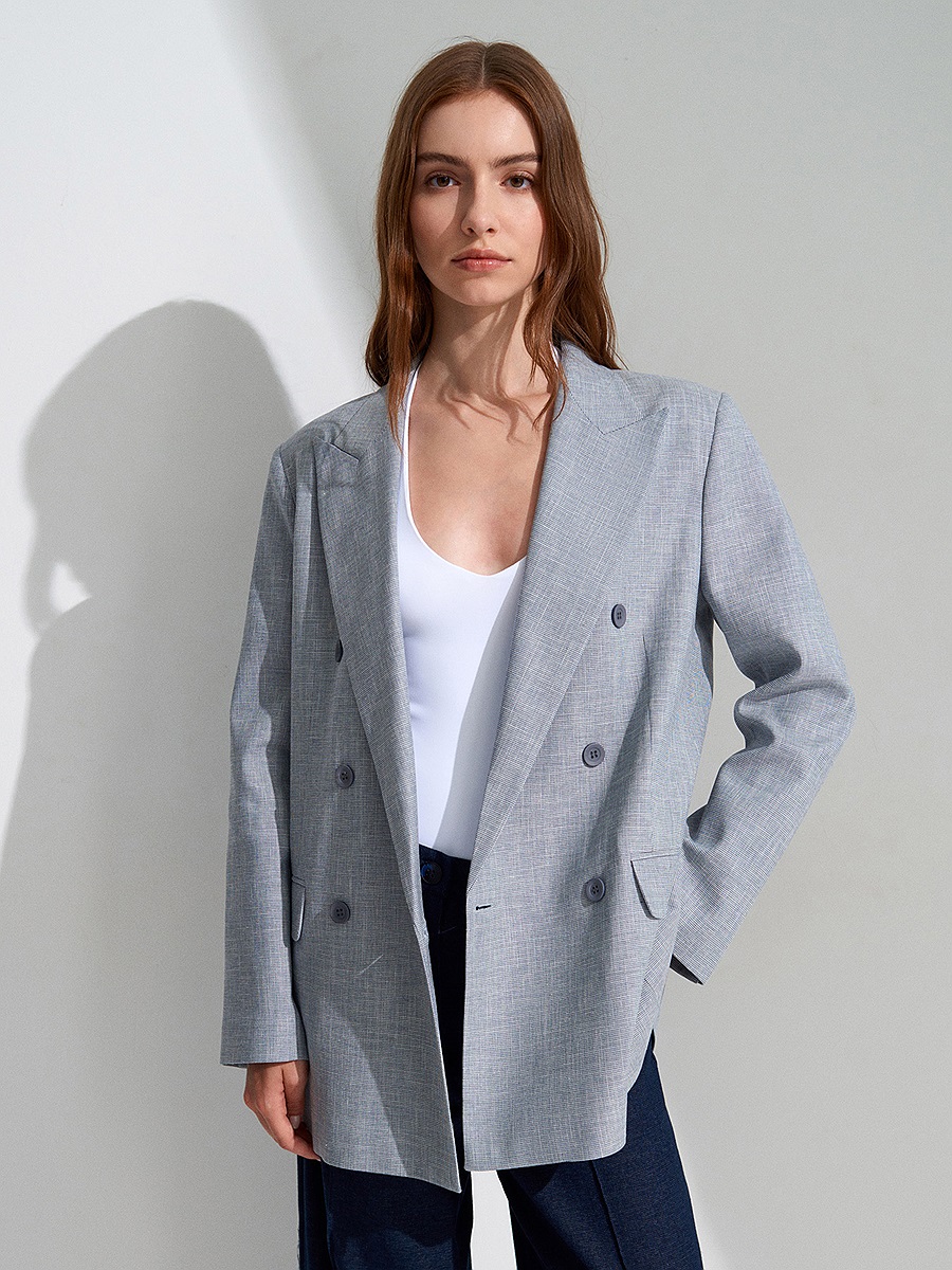 60811 Keten Karışımlı Blazer Ceket-Mavi