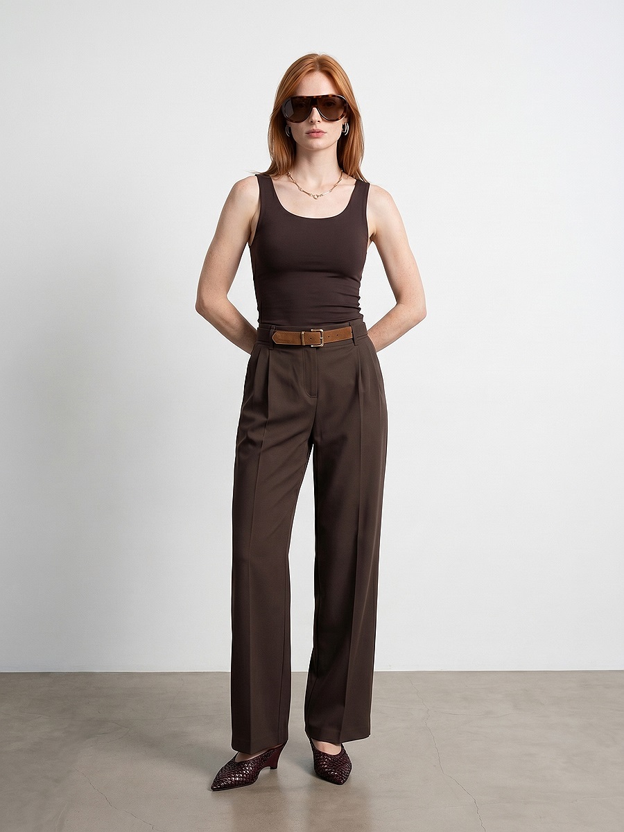 72715 Kemerli Pileli Pantolon-Kahve