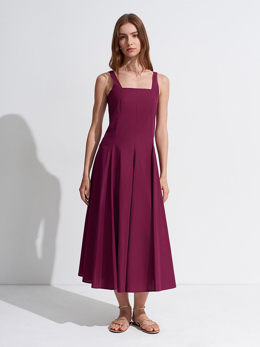 90941 Kare Yaka Askılı Midi Elbise-Bordo