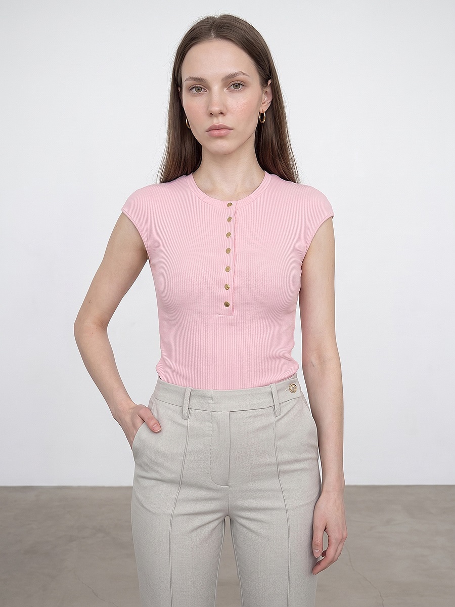 31887 Düğmeli Kısa Kollu Top-Toz Pembe