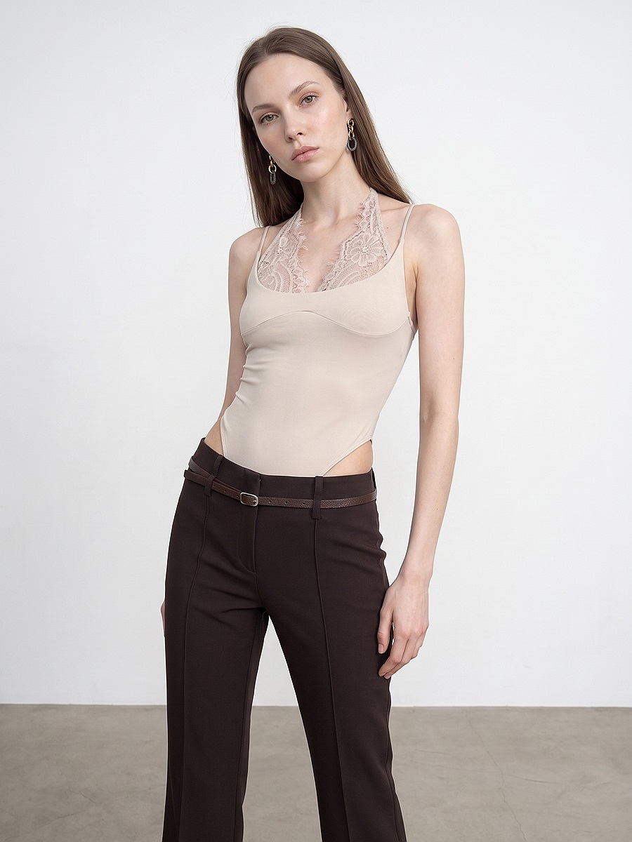 32837 Dantel Detaylı Bodysuit-Taş