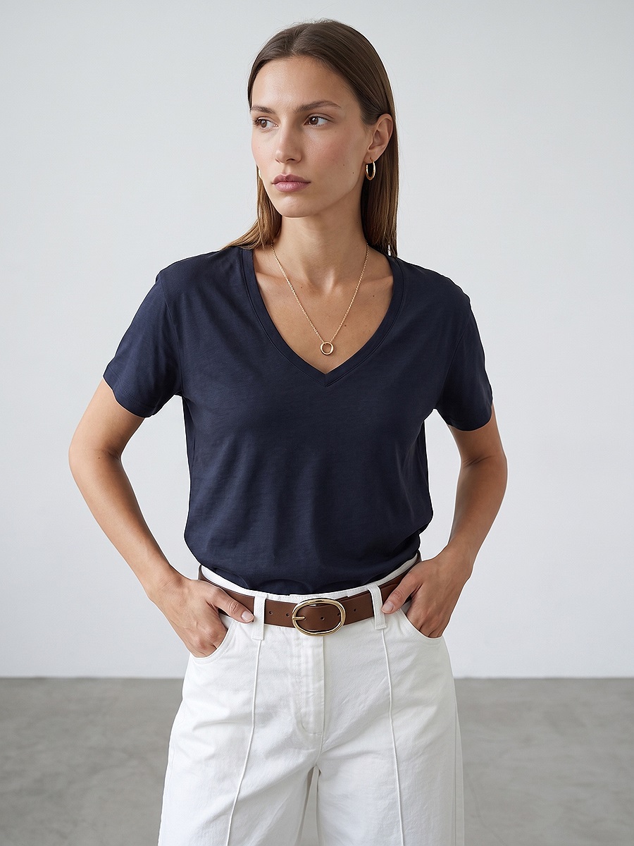 32847 Lyocell Karışımlı V Yaka T-shirt-K.Lacivert