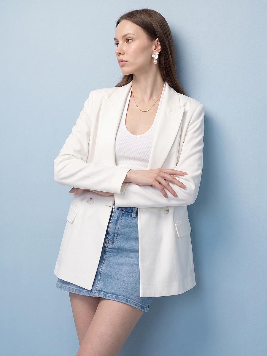 60812 Saten Blazer Ceket-Beyaz