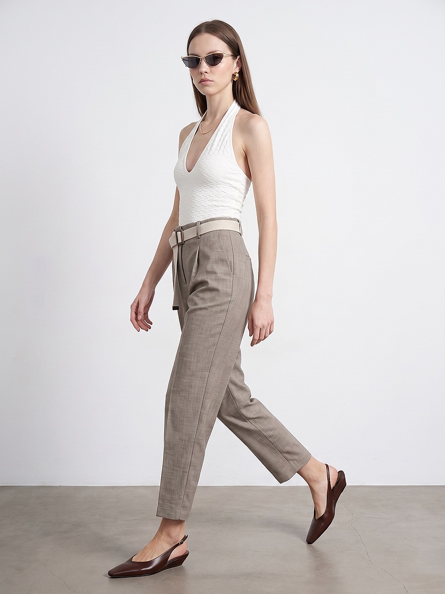 72729 Keten Karışımlı Kemerli Pantolon-Bej