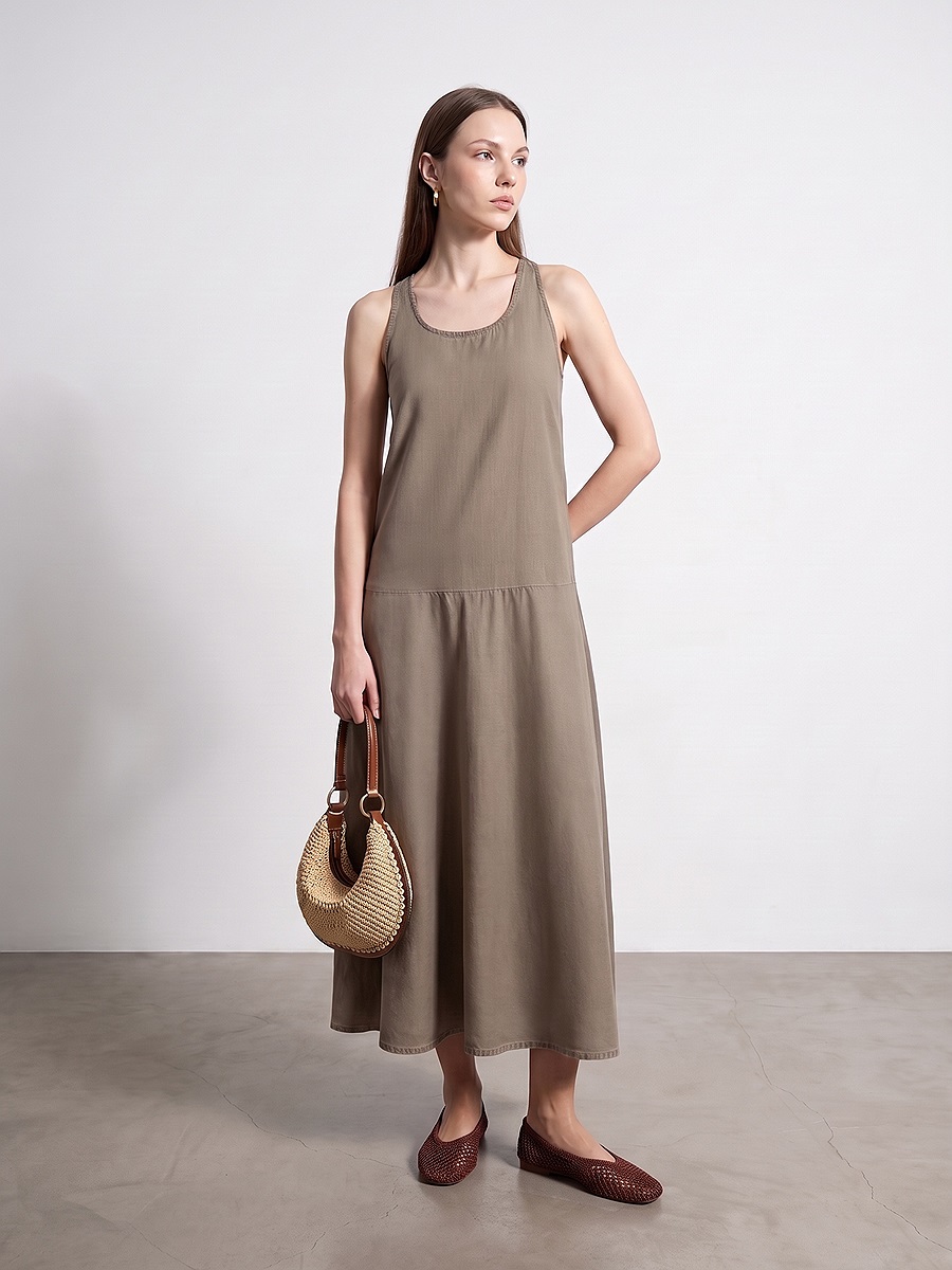 90590 %100 Lyocell Maxi Elbise-Kahve