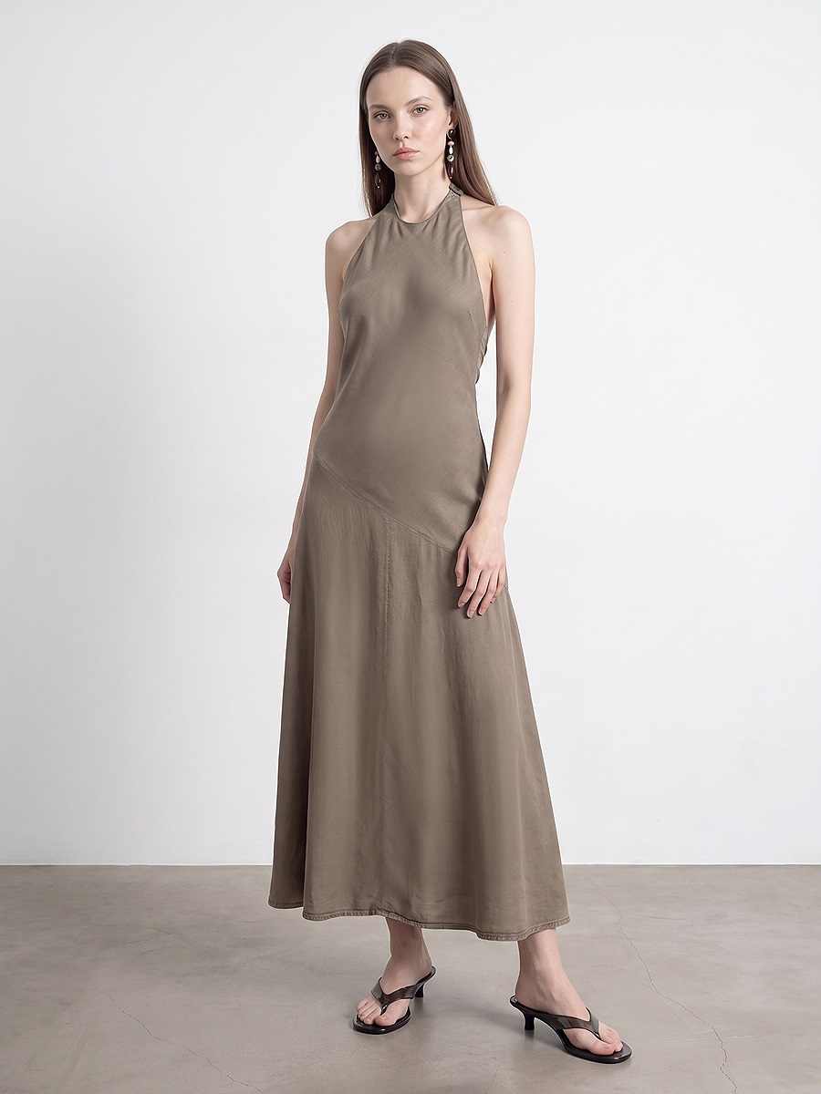 90591 %100 Lyocell Halter Yaka Elbise-Kahve