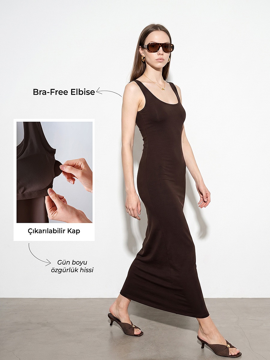 91733 Bra-Free Midi Elbise-Koyu Kahve