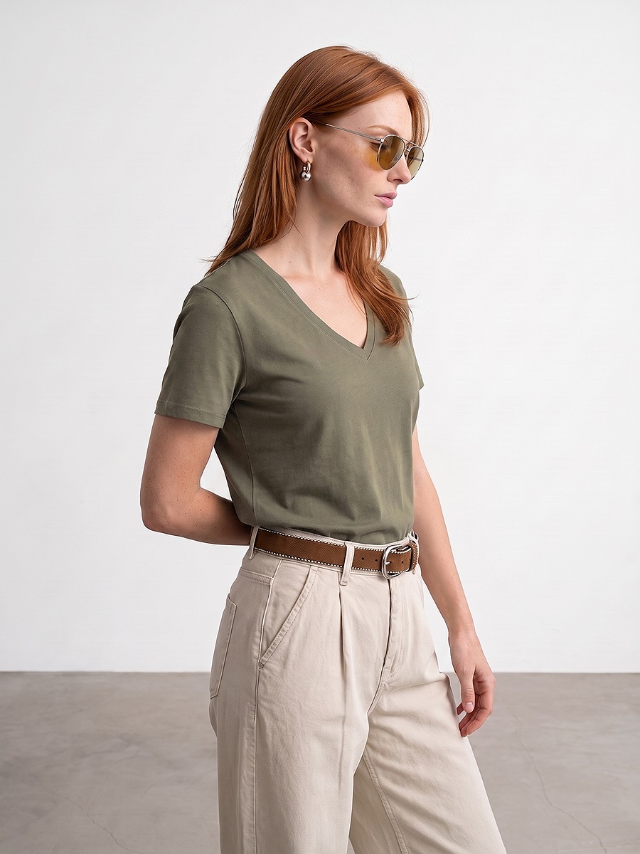 32847 Lyocell Karışımlı V Yaka T-shirt-Haki