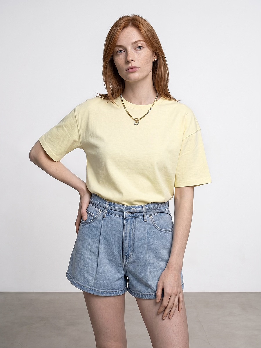 31017 %100 Pamuk Basic T-Shirt-Açık Sarı