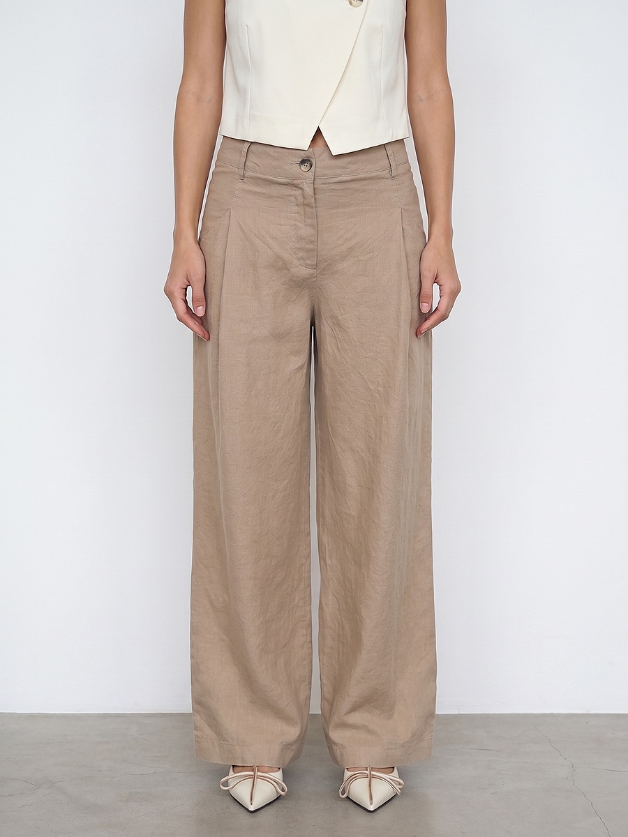 72762 %100 Keten Geniş Paça Pantolon-Bej