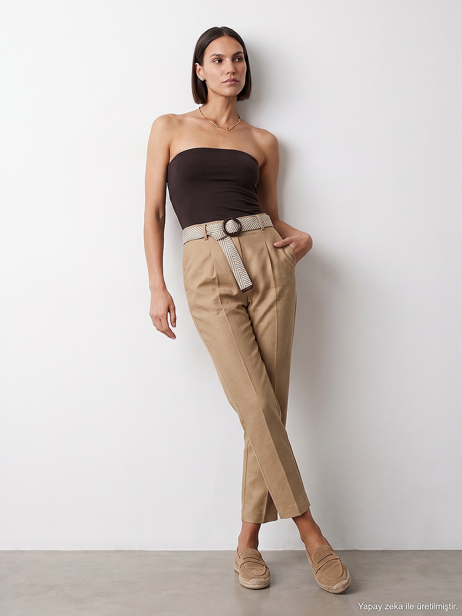 72735 Kemerli Pensli Pantolon-camel