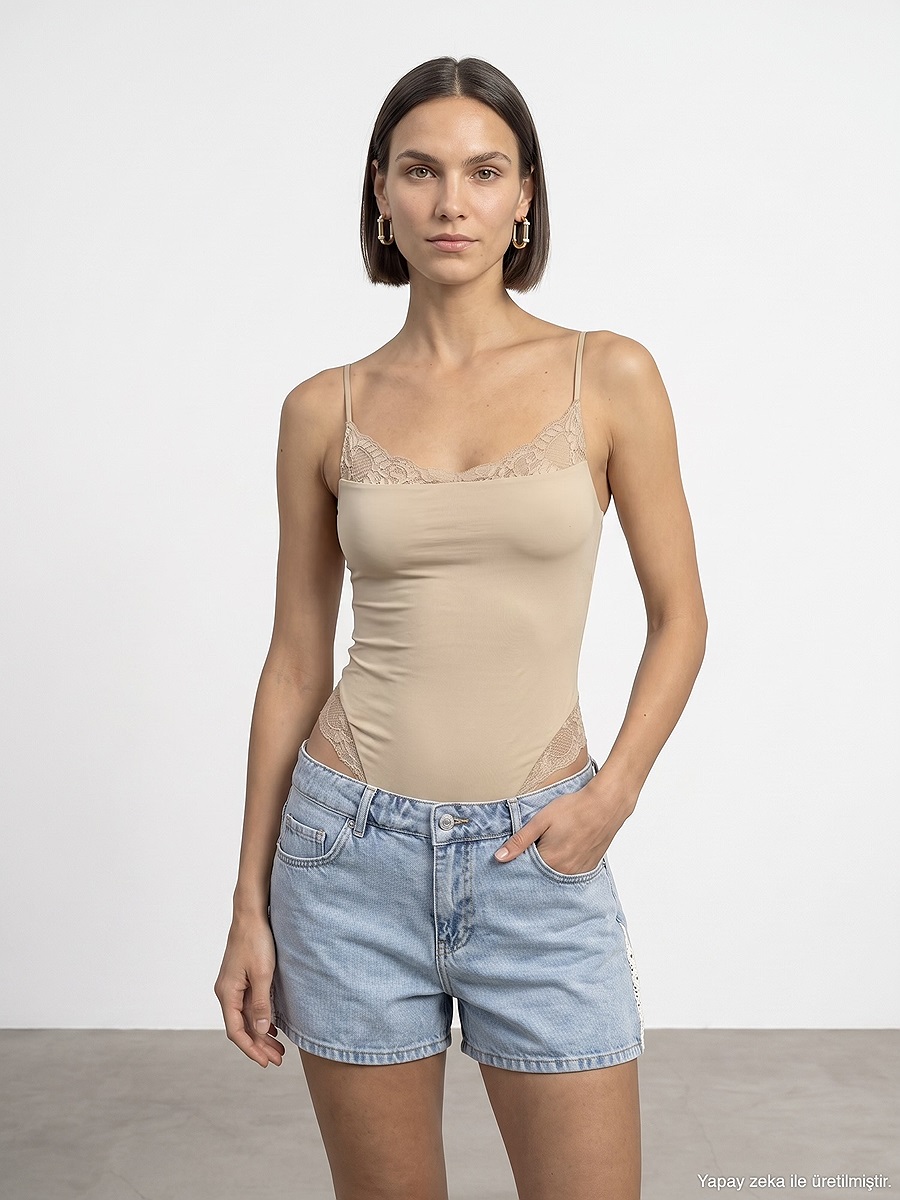 32730 Dantel Detaylı Askılı Bodysuit-Taş