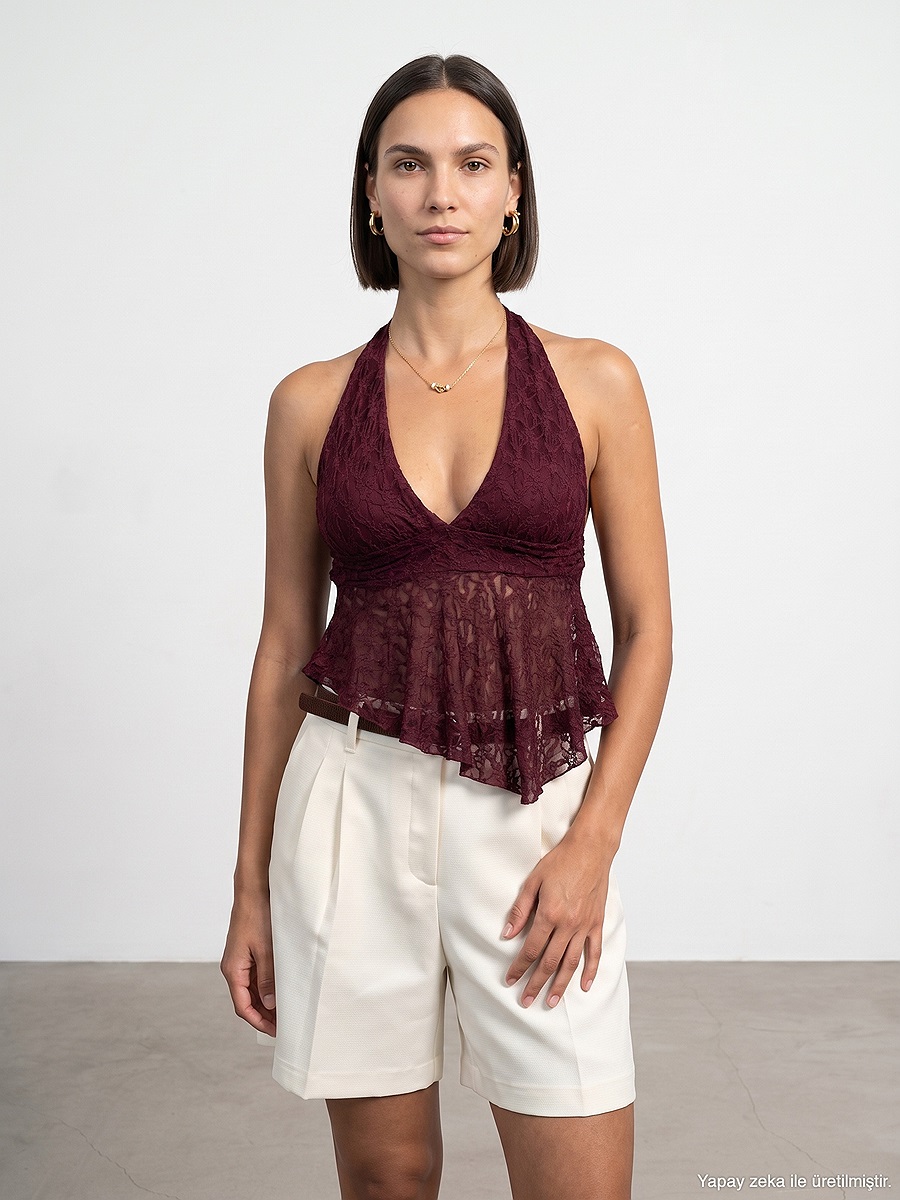 21228 Dantel Halter Yaka Top-Bordo