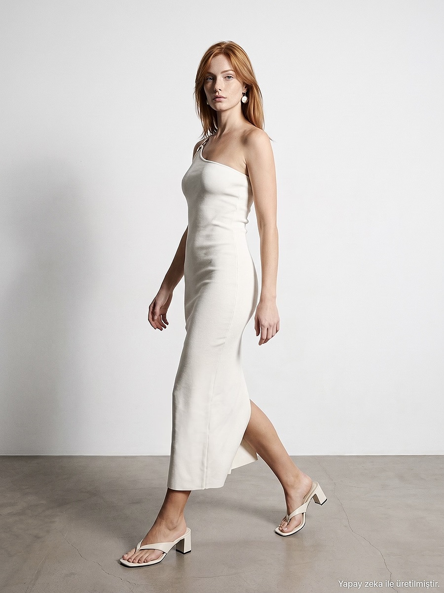 90270 Aksesuar Detaylı Midi Triko Elbise-Ekru