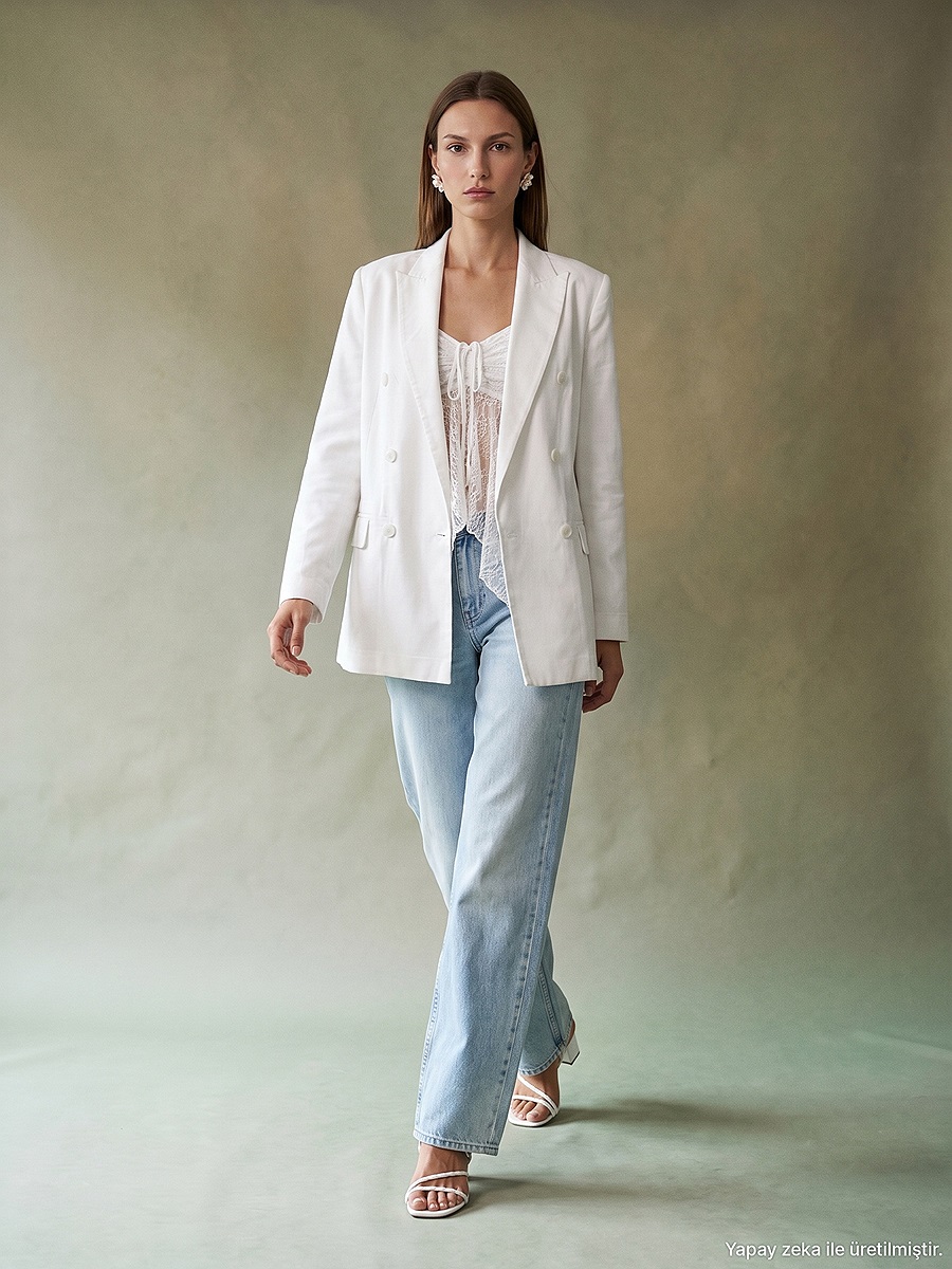 60815 Lyocell Karışımlı Blazer Ceket-Beyaz