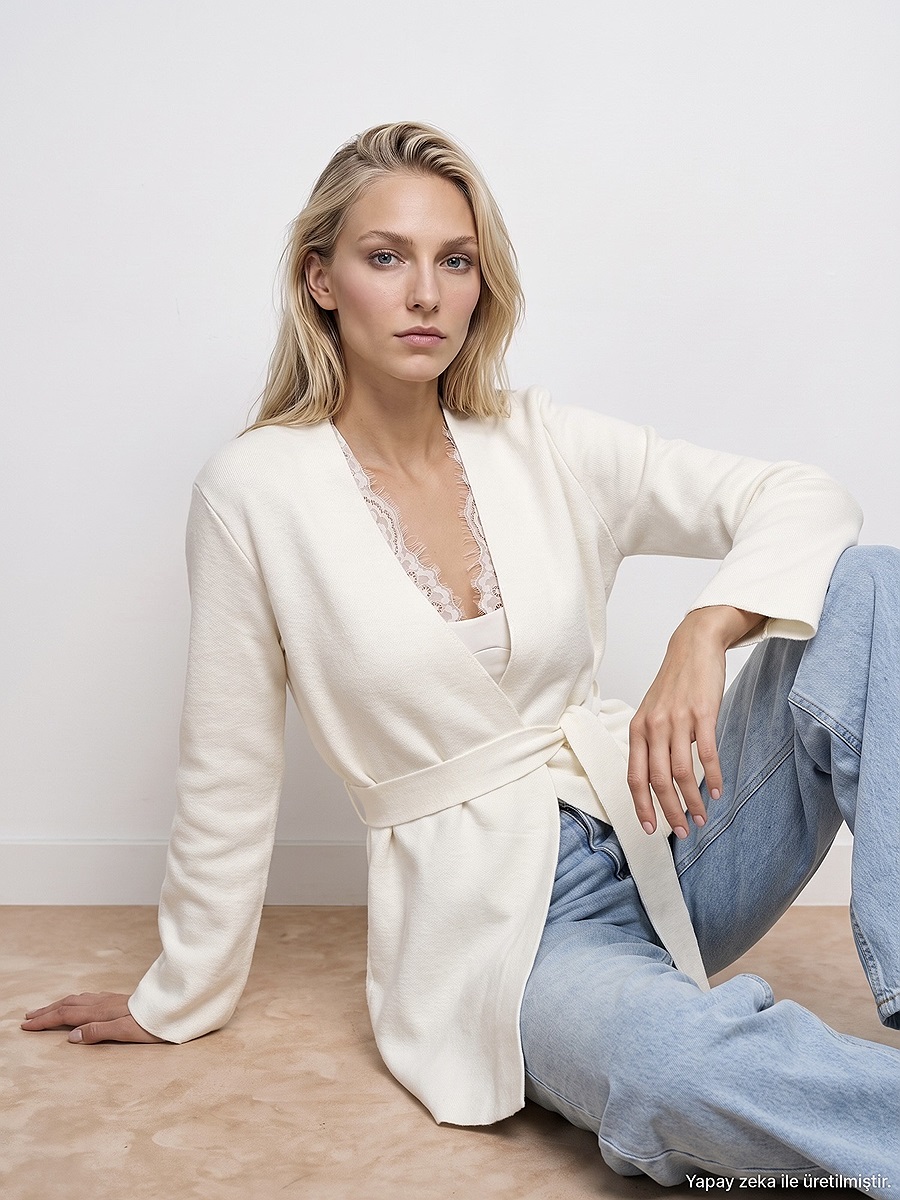 61002 Kruvaze Kemerli Yün Karışımlı  Triko Hırka-Ekru