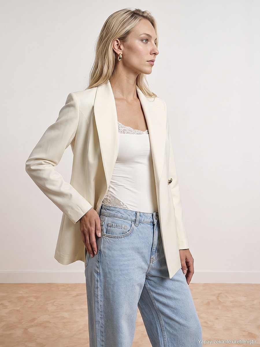 60814 Gold Düğmeli Blazer-Ekru